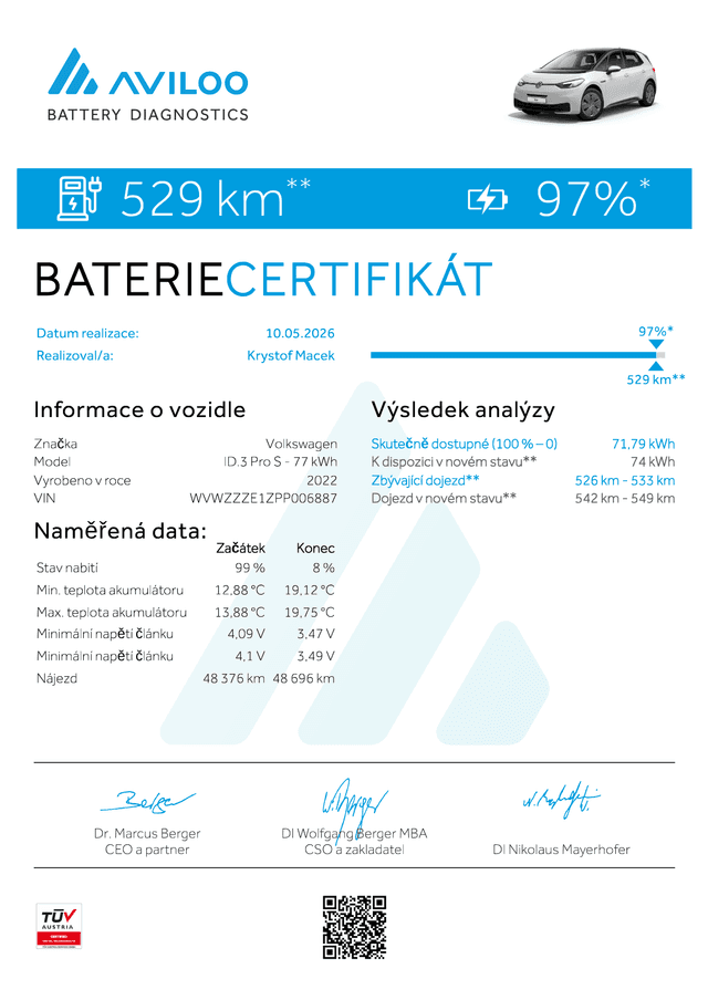Aviloo Premium certifikát · SoH 97 % na VW ID.3 Pro S